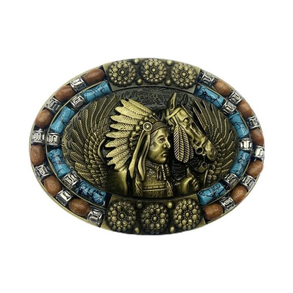 Accessories - 3005 Indian Chief Turquoise Belt Buckle Tirbal Horse Totem Indian Chief
